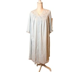 Vintage Shadowline Blue Housecoat Womens Large Lace Trim Embroidered Snap Front